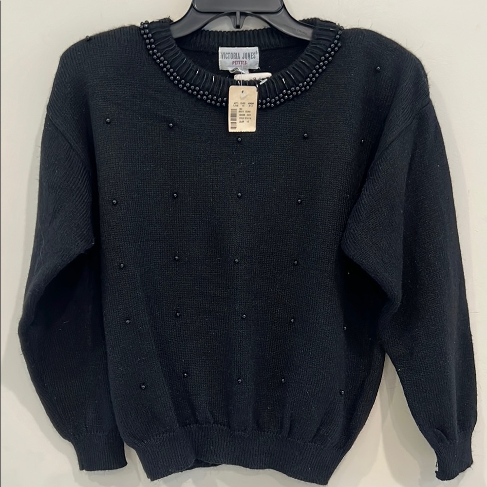 Victoria Jones Black Beaded Petite Sweater Size P-M